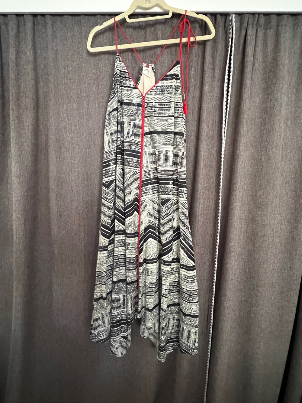 Black & White Geometric Maxi Dress with Red Trim